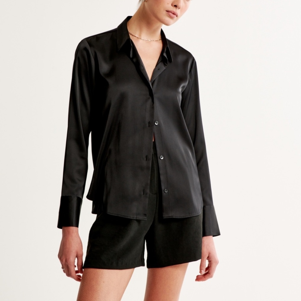 Black Satin Button-Up Shirt
